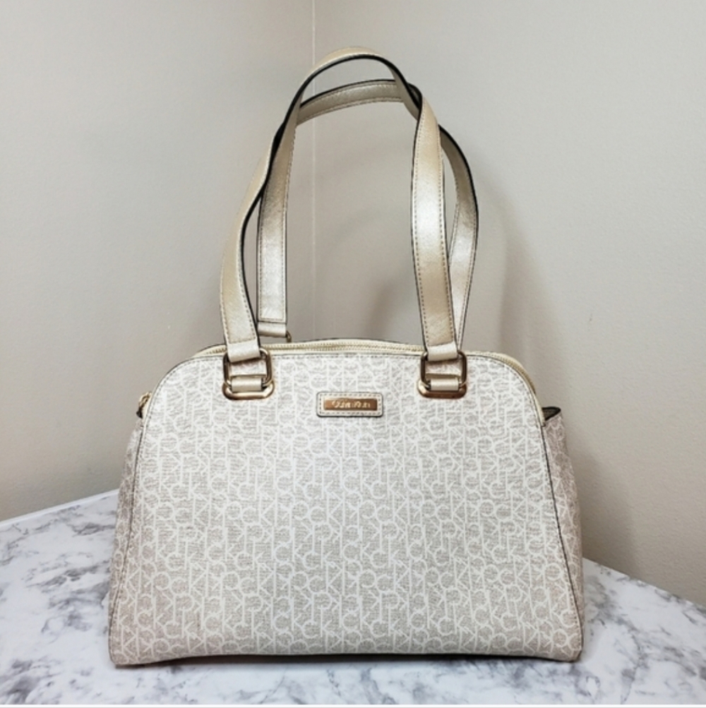 Calvin Klein Large Almond Monogram Satchel - Like New | Metallic Gold & Cream - Picture 3 of 16